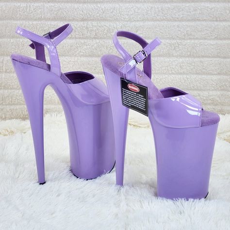 Brand New Pretty Lilac Patent ( Discontinued Color) 10" (25.4cm) Heel, 6 1/4" (15.9cm) Platform Ankle Strap Shoes Please Read The Warning Labels Authorized Pleaser Dealer Since 2010 - Twf.Shoes Pleaser High Heels, Crazy Heels, Barbie Vibes, Pleaser Heels, Extreme High Heels, Purple Heels, Cute Shoes Heels, Pleaser Shoes, You Are Important