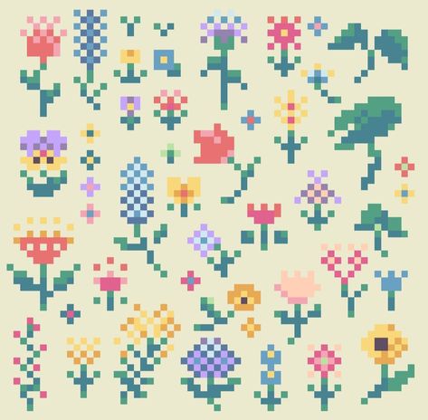 64x64 Pixel Art Grid, Simple Cross Stitch Flower, Acnh Cross Stitch, 8 Bit Pattern, Animal Crossing Sweater Design Grid, Animal Crossing Pattern Grid, Acnh Grid Pattern, Animal Crossing Pixel Art Grid, Small Flower Pixel Art