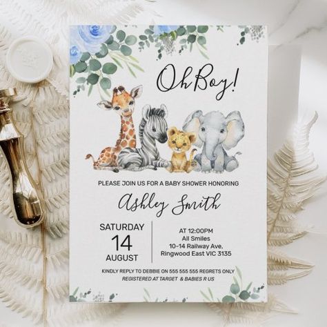 $1.98 | Blue Floral Eucalyptus Safari Baby Shower - floral safari baby shower invitation, blue flower, eucalyptus, greenery, foliage, jungle animals, giraffe elephant lion zebra, boys safari baby shower invite Flower Eucalyptus, Safari Baby Shower Boy, Baby Boy Invitations, Bebe Shower, Animals Giraffe, Animal Baby Shower Theme, Safari Baby Shower Invitations, Boy Shower Invitations, Elephant Baby Shower Invitations