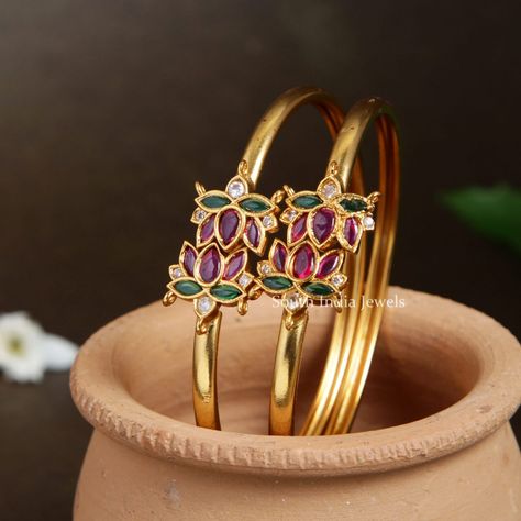 Lotus Design Openable Bracelet Bangle - South India Jewels South Indian Bangles, Lotus Bangle, Star Bangle, Ancient Indian Architecture, Indian Bangles, Coin Design, Lotus Design, Bangles Indian, Indian Architecture