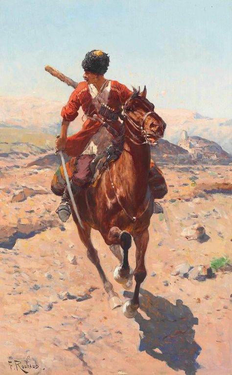 Frants Roubaud (Ukrainian, 1856–1928) "A Cossack galloping on horseback" (n.d.) Oil on canvas (62.2 x 39.4 cm) Private collection. Napoleon Painting, John Davidson, Russian Painting, Academic Art, West Art, On Horseback, Ukrainian Art, Equine Art, The Buffalo