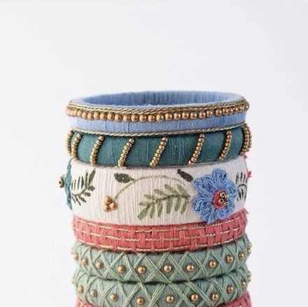 Embroidery Bangles, Tread Bangles, Ceramic Plates Art, Jewellery Shoot, Fabric Bangles, Bangle Design, Thread Bangles Design, Tiny Jewelry, Silk Thread Jewelry