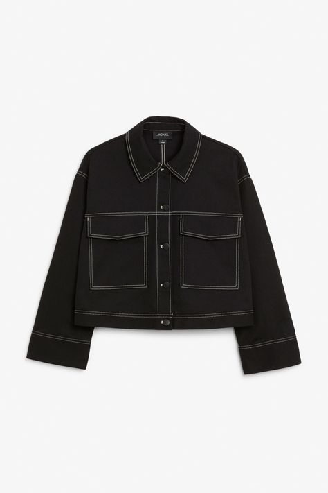 Front image of Monki cropped contrast stitch jacket in black Stitch Jacket, Parachute Jacket, Waiting For U, Looks Pinterest, Short Trench Coat, Stylish Coat, Fashion Design Clothes, Fesyen Wanita, Dream Clothes