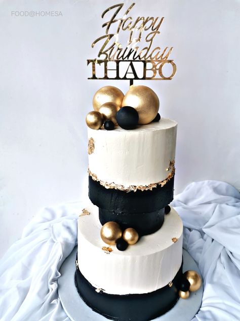 White Gold And Black Cake, 2 Layer Cake Birthday, Black White Gold Cake, 2 Layer Cake Birthday Design, Cake Birthday Design, 3 Tier Birthday Cake, White And Gold Cake, 40th Birthday Cakes For Men, 2 Layer Cake