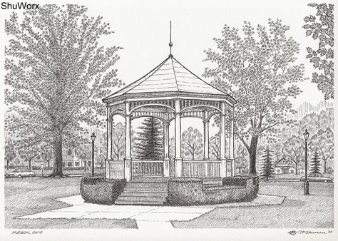 Technical Drawings Architecture, Gazebo Drawing, Green Campus, Interior Architecture Drawing, Architecture Life, Technical Drawings, Garden Drawing, Building Art, Perspective Drawing