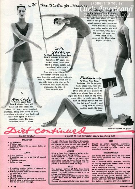 Vintage workout & diet: It's time to slim for summer (1964) - Click Americana 1950s Exercise, 1950s Diet, Vintage Diet, Vintage Exercise, Vintage Workout, Vintage Fitness, Retro Fitness, Lose Thigh Fat, Workout Diet