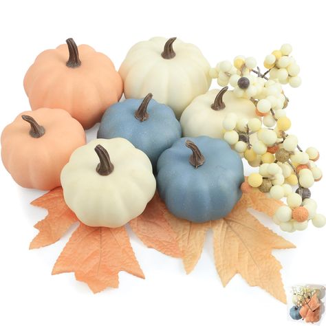 PRICES MAY VARY. Seasonal Decor: Transform your home into a cozy fall retreat with the Artgar 11 pcs artificial pumpkin set. This set includes 7 mini foam pumpkins, 2 vibrant maple leaves, and 2 foam berry clusters, perfect for enhancing your fall decorations Quality Materials: Each pumpkin is crafted from quality polystyrene foam, ensuring durability and lightweight design. The realistic look of the pumpkins, maple leaves, and berries adds a touch to your home decor Fall Decorations: Whether yo Light Blue Fall Decor, Blue And White Fall Decor, Blue Fall Decor, Festive Table Setting, Fall Pumpkin Decor, Fake Pumpkins, Artificial Pumpkins, Foam Pumpkins, Seasonal Displays