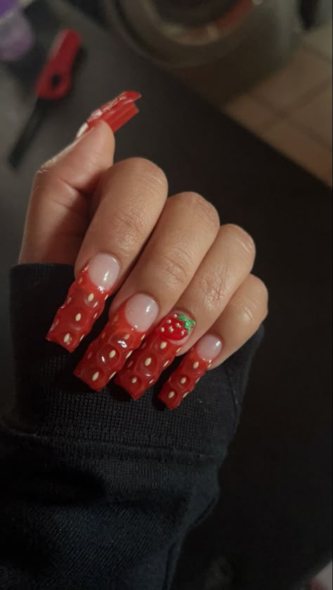 Long Strawberry Nails, Strawberry Heart Nails, French Tip Strawberry Nails, Chocolate Covered Strawberry Nails, Chocolate Strawberry Nails, 3d Strawberry Nails, Red Strawberry Nails, Strawberry Nails Short, Strawberry Acrylic Nails