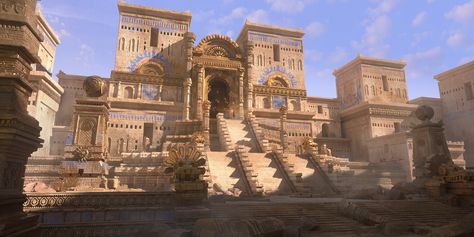 ArtStation - Sun Ancient City, ANfei YU Sumerian Architecture, Babylon Art, Solar City, The Art Showcase, Egypt Concept Art, Architecture Design Process, Art Showcase, Architecture Design Drawing, Ancient Buildings