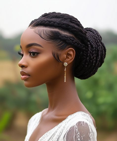 🍃 Chic Braided Bun Bridal Hair Glamorous Braids Updo Hairstyle African Updo Hairstyles, Wedding Hair For Black Women, Bun Bridal Hair, Braided Bun Styles, Braided Updo Hairstyles, Afrocentric Hairstyles, Braids Wedding, Braids Updo, Brown Hair Shades