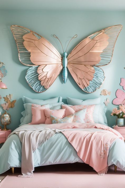 Butterfly wall art majestically transforms this bedroom into a whimsical retreat. The metal butterfly wall art, with its resplendent coppery-pink wings and intricate design, commands attention as it appears to take flight above the bed. The harmonious blend of teal and blush pink in the room, coupled with matching butterfly and floral decorations, create a dreamy and inviting atmosphere. Butterfly Room Decor, Teal Rooms, Butterfly Bedroom, Metal Butterfly Wall Art, Pastel Bedroom, Butterfly Room, Teal Bedroom, Bad Inspiration, Gold Bedroom