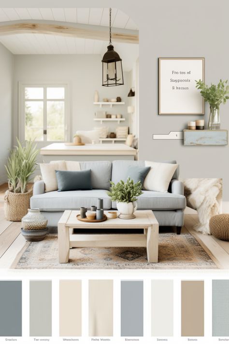 Discover how to use modern farmhouse colors to add rustic charm to your home decor. #RusticCharm #FarmhouseStyle Home Interior Paint Palette, Farmhouse Decor Color Schemes, Farmhouse Interior Wall Colors, Living Room Palate Colour Palettes, Cozy Home Palette, Open Living Room Paint Color Ideas, Modern Farmhouse Living Room Wall Color, Farmhouse Mood Board Inspiration, Living Room Color Scheme Ideas Farmhouse