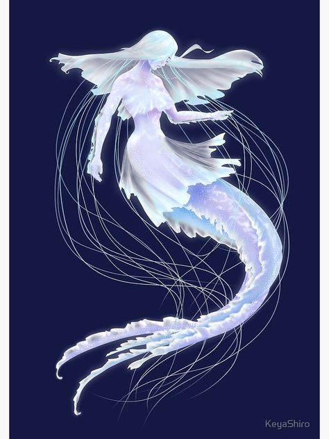 Mar Abaixo De Lynria, Aquamarine Havana White Hair Mermaid Art, Human Jellyfish Art, Jellyfish Mermaid Art, Jellyfish Dnd, Different Mermaid Species, Mythical Sea Creatures Art, Jellyfish Human Hybrid, Flying Fish Mermaid, Mermaid Biology