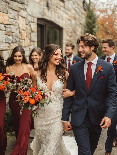 Rust Bridesmaid Dress And Groomsmen, Fall Wedding Colors Men, Tan Suit Burgundy Tie, Groom And Groomsmen Fall Wedding, Rust Themed Wedding Groomsmen, Burnt Orange Bridesmaid Dresses With Groomsmen, Men’s Fall Wedding Suit, Rust Tuxedo Wedding, Groomsmen Attire For Fall Wedding