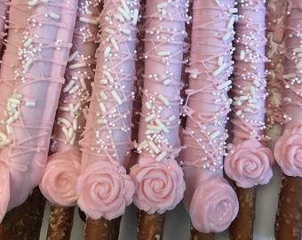 Pink Dipped and Drizzled Rice Krispies with White Sprinkles | Etsy Pink Chocolate Covered Pretzels, Chocolate Covered Pretzels Rods, Decorated Pretzels, Cotton Candy Cakes, Dipped Treats, Covered Chocolate, Covered Pretzel Rods, Chocolate Dipped Treats, Party Favors Baby Shower