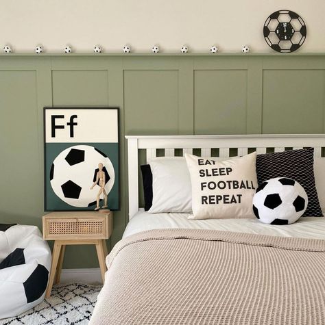 My fabulous football print. Perfect for kids rooms, nurseries or playrooms. Boys Soccer Bedroom, Football Theme Bedroom, Boys Football Bedroom, Older Boys Bedrooms, Soccer Themed Bedroom, Soccer Bedroom, Soccer Room, Football Rooms, Football Bedroom