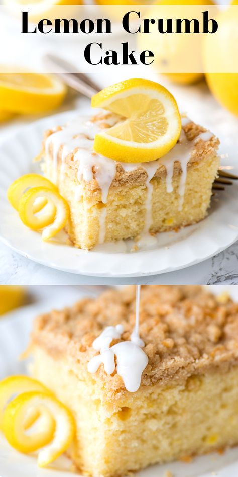 a slice of lemon crumb cake with white glaze topped with a lemon slice on a white plate Lemon Breakfast Cake, Lemon Crumb Cake, Lemon Breakfast, Crumb Cakes, Cake Brownies, Lemon Treats, Crumb Cake Recipe, Cake Lemon, Lime Recipes