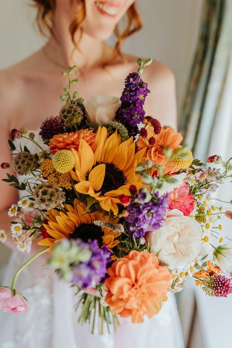 Colourful Sunflower Bouquet, Trendy Wedding Bouquets, Wildflower Bouquet With Sunflowers, Yellow Dahlia Bouquet, Sunflower For Wedding, Sunflower And Lavender Wedding Bouquet, Whimsical Wedding Bouquet Wildflowers, Farm Wedding Bouquet, Summer Wedding Sunflowers