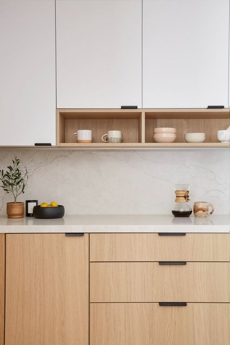 White N Wood Kitchen, Condo Kitchen Cabinets Ideas, Ikea Single Wall Kitchen, Rift Sawn Walnut Cabinets, Wood Interior Kitchen, Japandi Minimalist Kitchen, Open Concept Architecture, Full Overlay Flat Panel Cabinets, Seamless Kitchen Cabinets