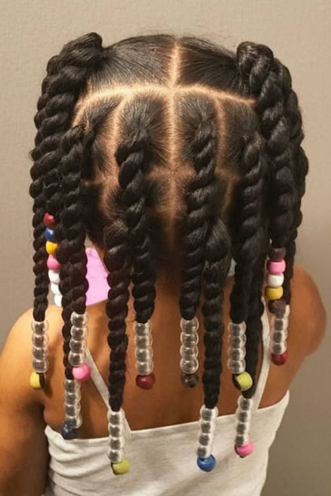 Two-strand twist toddler hairstyle with beads for natural hair Christmas Hairstyles For Black Girls Kids, Quick Styles For Little Black Girls Hair Down, Easy Hairstyles For Mixed Girls Hair, Cute Little Black Girls Hairstyle, Quick Easy Little Black Girls Hairstyles, Hairstyles For Black Baby Girl Hair, Toddler Beads Hairstyles, Little Black Girls Hairstyles Natural, Beads In Hair Kids