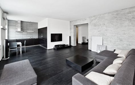 contemporary home design ideas black white grey color scheme #livingroom #black #white Wood Floor Colors, White Living Room Decor, Black And White Living Room, Drawing Room Interior, Interior Design Per La Casa, Black Living Room, 카페 인테리어 디자인, Black Floor, White Living