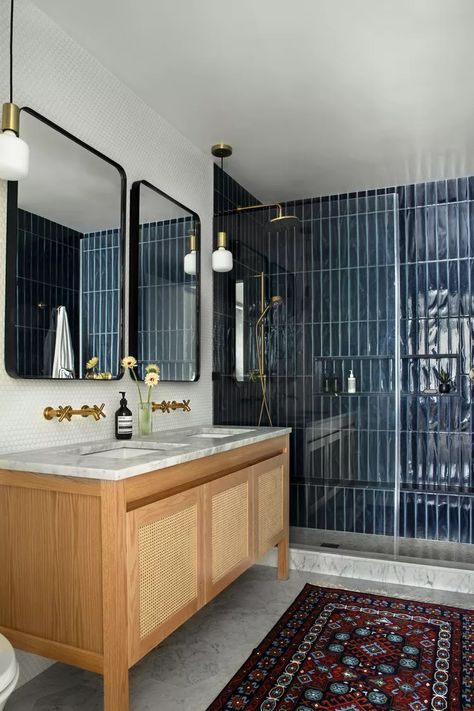 This Sunny Chelsea Loft Is a Classic Example of NYC Design Leather Dining Bench, House Of Hackney Wallpaper, Blue Bathroom Tile, Bathroom Ideas Small, Blue Tile, Nyc Design, Hamptons House, Blue Bathroom, Blue Tiles