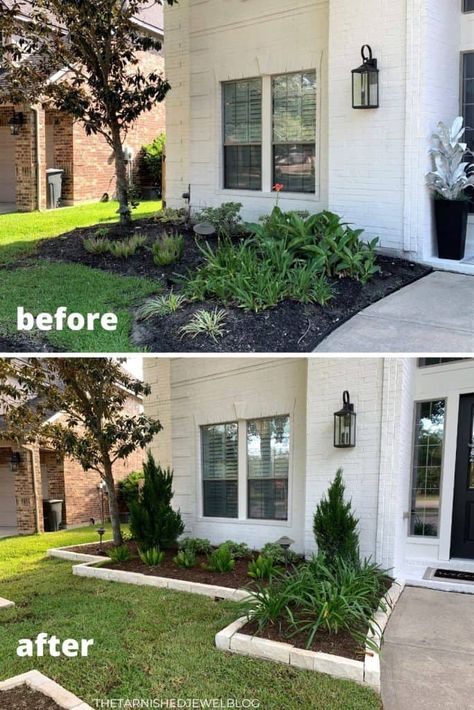 Looking for front yard landscaping inspiration, helpful tips, & design ideas? Try Landscaping Front Yard Makeover (Before & After Pictures) by thetarnishedjewelblog.com. #frontyardlandscaping #frontyard #frontyarddesign #curbappeal #landscaping #landscapingdesign #landscapingideas #landscapingmakeover #landscapingmaintenance #landscapinglife #landscapinglights #coastalfarmhouse #coastalchic #coastalfarmhousechic #coastalcottage Front Lawn Landscaping, Porch Landscaping, Small Front Yard Landscaping, Front Garden Landscape, Front Yard Garden Design, Garden Wallpaper, Easy Landscaping, Landscaping Front Yard, Lawn And Landscape