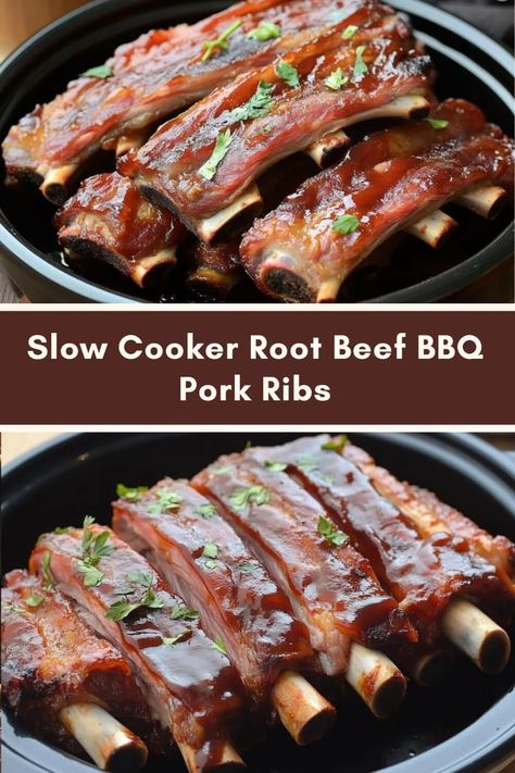 Slow Cooker Root Beef BBQ Pork Ribs Pork Receipts, Root Beer Pork, Crockpot Pork Ribs, Corned Beef Recipes Slow Cooker, Football Recipes, Slow Cooker Pork Tenderloin, Crockpot Ribs, Pork Entrees, How To Cook Ribs