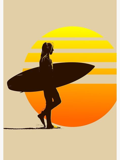 "Golden Sunrise Surfer Girl" Spiral Notebook by AaronKinzer | Redbubble Surf Drawing, Retro Surf Art, Surfer Art, Sunset Sticker, Golden Sunrise, Sublimacion Ideas, Surf Poster, Surfing Pictures, Retro Surf