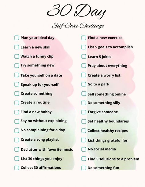 30 Day Self Care Challenge For Women, 30 Day Self Care Challenge, Journal List, 30 Day Self Care, Workout Morning, Plan Workout, Self Care Challenge, Week Workout, Finding A New Hobby