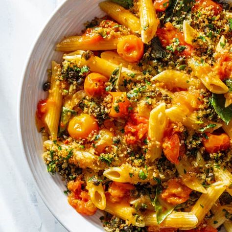 Pasta with Burst Cherry Tomato Sauce and Fried Caper Crumbs | America's Test Kitchen Burst Cherry Tomato Sauce, Capers Recipe, Donut Toppings, Cherry Tomato Sauce, Cherry Tomato Pasta, Fresh Tomato Sauce, America's Test Kitchen Recipes, Cooks Illustrated, America's Test Kitchen