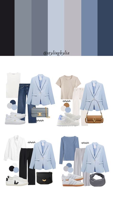 Light Summer Fashion Style, Summer Color Outfits Fashion Ideas, Blue Inspo Outfit, Blazer Color Combination Women, Blue Grey Outfits Women, Colour Combinations Outfit Ideas, Soft Summer Color Palette Outfits Casual, Steel Blue Outfit Color Combos, Jeans Combinations Women