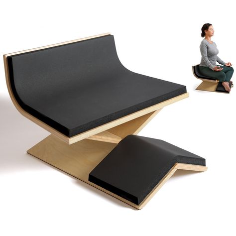 "The Himalaya meditation chair combines a number of innovative features that let you sit cross legged in total comfort. Say goodbye to the back pain, legs falling asleep and achy joints caused by sitting on the floor. Designed by experienced meditators, the goal from the start was simple. Create a chair that allows one to sit in a cross legged meditation posture in total comfort.  The seat-backs of other meditation chairs only offer support if you lean back into them, resulting in a posture that's not optimal for meditation. The unique curved seat-back of the Himalaya chair cradles the lower back, allowing the lower back muscles to release while effortlessly maintaining a relaxed, straight back posture.  The extra wide, raised seat and angled foot rest provide support to joints and muscles Meditation Posture, Meditation Bench, Meditation Chair, Sitting Cross Legged, Cnc Ideas, Sitting Chair, Lower Back Muscles, Cross Legged, Meditation Pillow