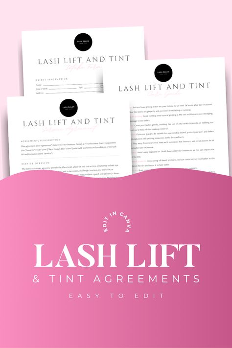 Simplify your salon business with our set of 8.5x11" editable forms made in Canva! This convenient bundle includes everything you need to keep your client information organized and streamline your consultations. This set of professional client information forms is a must-have for any lash artist. These forms are designed to gather all the necessary information about your clients, ensuring that you have all the information you need to provide the best possible service. Lash Lift And Tint, Esthetician Marketing, Lash Salon, Salon Business, Artist Business, Unique Business Cards, Contract Template, Lash Artist, Lash Lift