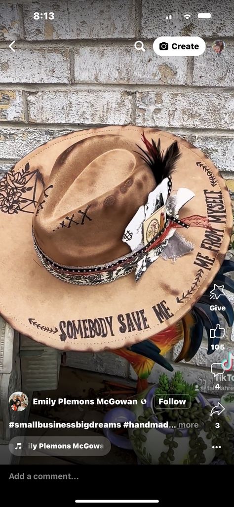 Western Burnt Hats, How To Burn Hats, Burnt Hat Design Ideas, Burnt Hat Design, Custom Cowgirl Hats, Hat Customization, Burning Hats, Burnt Hat, Burnt Hats