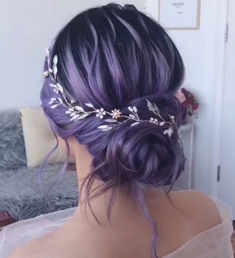 Purple Fantasy Hair, Purple Hair Wedding Hairstyles, Purple Hair Wedding, Full Dyed Hair, Purple Hair Braids, Purple Hair Hairstyles, Purple Wedding Hair, Fantasy Hair Color, Dyed Hair Inspiration