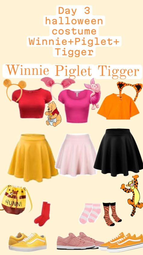 #day3 #winniethepooh+tigre+piglet Pooh And Tiger Costumes, Winnie The Pooh Trio Costume, Diy Piglet Costume Women, Piglet Costume Women, Tigger Disneybound, Halloween Costumes Winnie The Pooh, Piglet Costume Diy, Piglet Outfit, Disney Halloween Costumes For Women