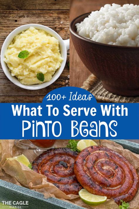 A collage of images showing what can be served with Pinto Beans. Pinto Bean Meal Ideas, Southern Pinto Beans Recipe, Red Beans Recipe, Pinto Bean Recipes, Southern Dinner, Potato Side Dishes, Best Side Dishes, Cajun Recipes, Pinto Beans