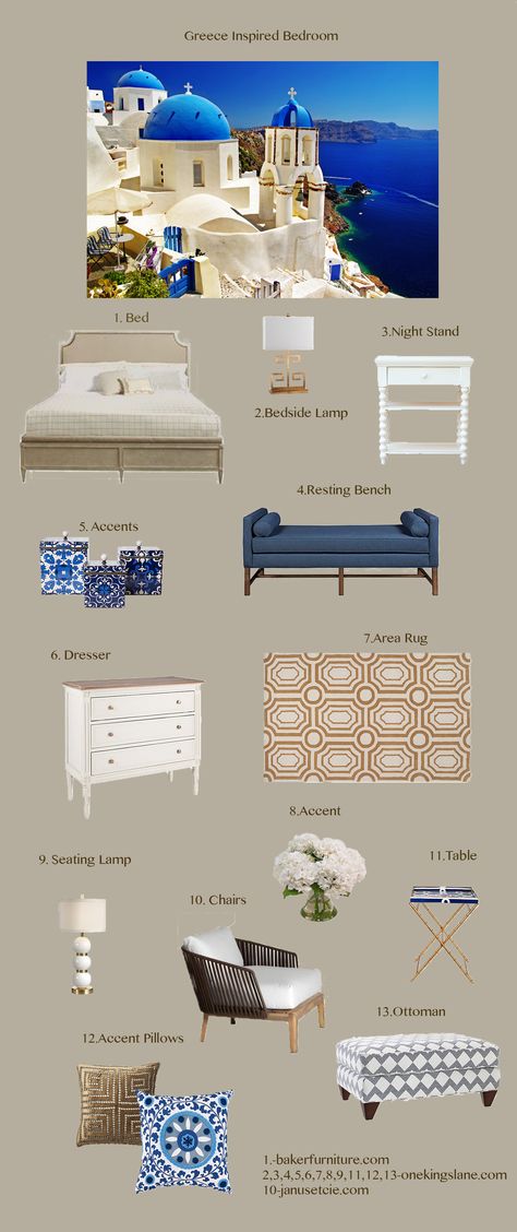 Greek Bedroom Design, Santorini Room Decor, Santorini Themed Bedroom, Greece Inspired Interior Design, Greek Style Room Bedrooms, Mediterranean Blue Bedroom, Santorini Style Bedroom, Santorini Greece Inspired Bedroom, Greece Inspired Bedroom Decor