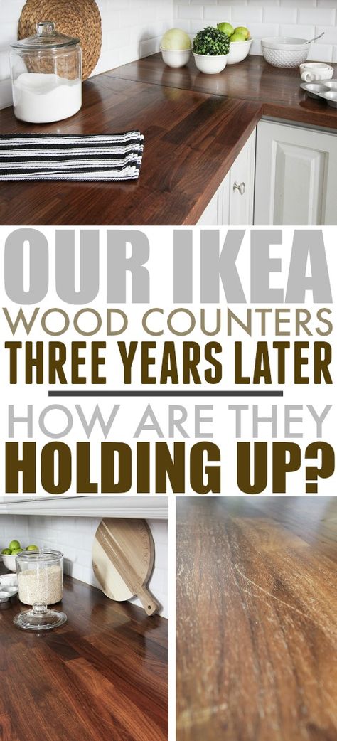 Many people are surprised to hear that our beautiful wood counters are actually from IKEA. Here's an update on how our IKEA wood counters are holding up three years after we installed them. #IKEAWoodCounters #IKEAKitchen #WoodCounters Ikea Wood Countertops, Ikea Butcher Block, Wood Kitchen Counters, Wood Counters, Wood Countertops Kitchen, Ikea Wood, Wooden Countertops, Butcher Block Kitchen, Wooden Counter