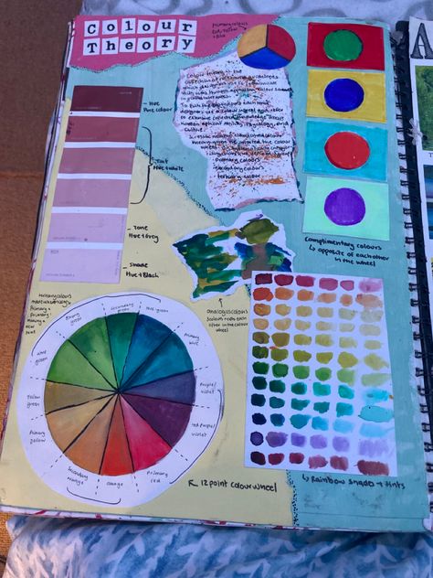 Colour Sketchbook Page, Colour Theory Gcse Page, Colour Wheel Art Gcse, Color Theory Sketchbook, Colour Swatches Sketchbook, Gcse Colour Theory Page, Formal Elements Of Art Sketchbook, Celebration Of Colour Art Gcse, Gcse Art Sketchbook Colour Theory