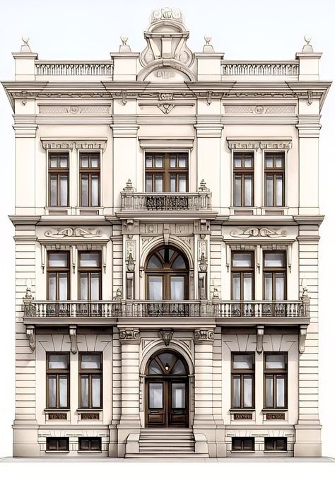 Paris House Drawing, Modern Brick Building Architecture, Georgian Architecture Exterior Facades, Beautiful Old Buildings, Classic French Architecture, Victorian Architecture Exterior, Elevation Architecture Drawing, French Buildings Architecture, Parisian Style House