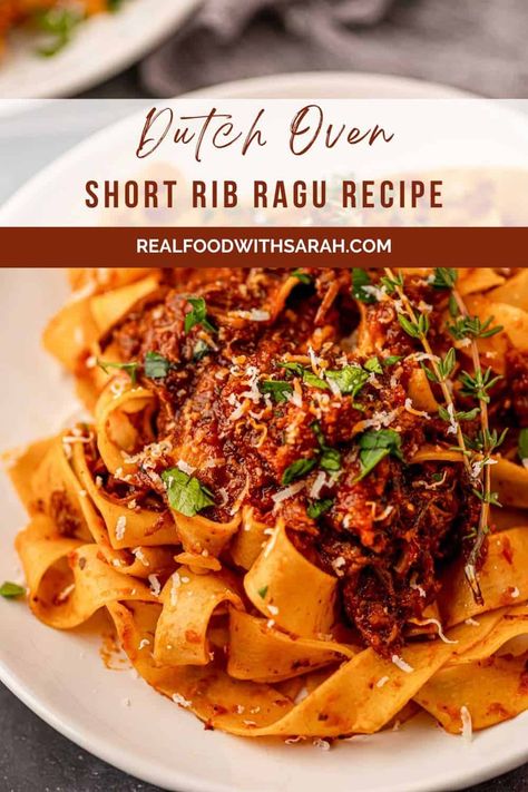 Get ready to impress with this Short Rib Ragu. It's made with beef short ribs that are pan-seared and then simmered in a rich and savory tomato sauce until they are tender enough to fall off the bone. Serve over fresh pappardelle and enjoy every bite of this unbelievably delicious meat sauce. Braised Short Rib Tagliatelle Pasta, Braised Short Rib Ragu, Short Ribs Dutch Oven, Beef Chuck Short Ribs, Short Rib Recipes Oven, Short Rib Ragu, Braised Short Ribs Recipe, Rib Sauce, Beef Short Rib Recipes