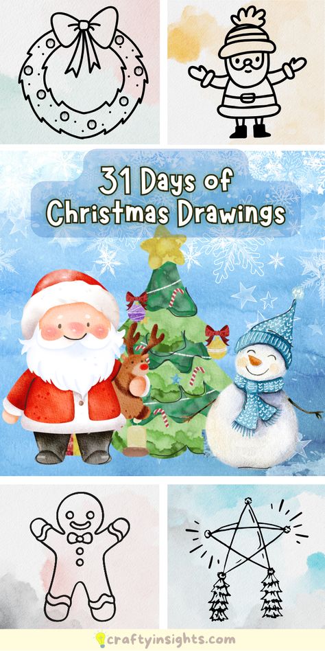 Join the creative community, share your artwork, and let the festive vibes flow. Get ready to unwrap the gift of daily inspiration and make this holiday season truly memorable with 31 Days of Christmas Drawings. Let the artistic festivities begin! christmas drawings ideas | christmas drawings easy | christmas drawings beautiful | christmas drawings easy step by step | christmas drawings snowman | christmas drawings art sketch | christmas drawings pencil sketches | christmas drawings for kids Simple Christmas Scenes Drawing, Simple Christmas Doodles To Draw, Christmas Drawings Easy Step By Step, Cute Christmas Drawings Easy Simple, Cute Christmas Things To Draw, Christmas Simple Drawings, Christmas Snowman Drawing, Christmas Cartoon Drawings, Christmas Drawing Ideas For Kids