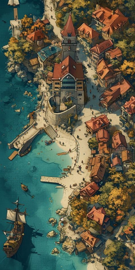 Dnd Town Art, Dnd Architecture, Medieval City Map, Medieval City Concept Art, Fantasy City Concept Art, Dnd Concept Art, Dnd Town, Dnd City, Vila Medieval