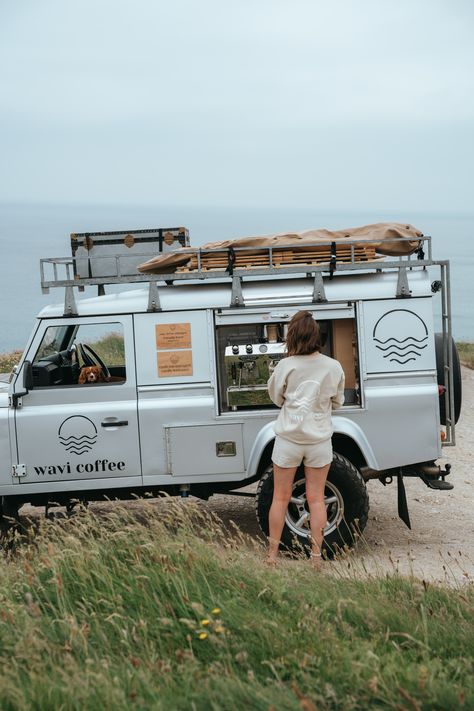 Wavi Coffee Converted Coffee Van from Landrover Defender 110 for Events in Devon and Cornwall, UK Coffee Van Conversion, Coffee Van Ideas, Van Coffee Shop, Mobile Coffee Truck, Cycling Cafe, Coffee Camper, Cafe Van, Landrover Defender 110, Coffee Food Truck