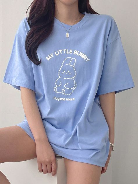 Women Summer Short Sleeve Casual T-Shirt With Slogan Print Blue Casual  Short Sleeve Knitted Fabric Animal  Slight Stretch  Women Clothing, size features are:Bust: ,Length: ,Sleeve Length: Cute Blue Cotton T-shirt, Baggy Graphic Print T-shirt For Summer, Cute Tshirt, Blue Oversized Summer T-shirt, Blue Harajuku Style Short Sleeve T-shirt, Kawaii Graphic Short Sleeve T-shirt, Trendy Shirt Designs, Quick Outfits, Blue Sweatshirt