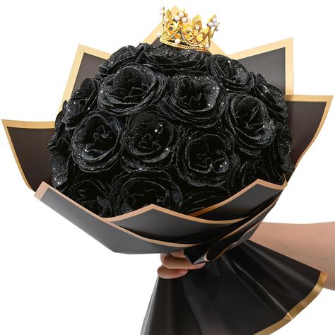 PRICES MAY VARY. BRING THE JOY OF DIY：Ignite your creative spark with our DIY glitter roses bouquet — a crafting delight that includes 24 black glitter roses, stems, ribbons, wrapping papers, crown, and 6 butterflies. Assemble a masterpiece that blooms with your hands, capturing handcrafted allure that you can share with your loved ones. ROMANTIC & REALISTIC GLIMMER: Our glitter flowers bouquet is crafted from high-quality plastic and dorned with a layer of delicate glitter. Rose bouquet will no Black Eternal Rose Bouquet, Black Glitter Roses, Ribbon Roses Bouquet, Diy Fake Flowers, Black And Gold Roses, Homecoming Bouquet, Fake Flowers Bouquet, Black Rose Bouquet, Ribbon Flowers Bouquet