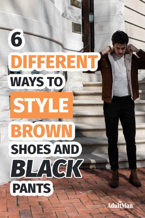 Who says brown shoes and black pants don't match? They do, but there are a few key style rules you always need to follow. Gentlemen, don't skip this one. Brown Shoes With Black Pants, Shoes With Black Pants, Black Pants Brown Shoes, Black Pants Outfit Men, Black Chinos Men, Black Pants Outfit, Mens Dress Outfits, Sketchers Shoes, Pants Outfit Men