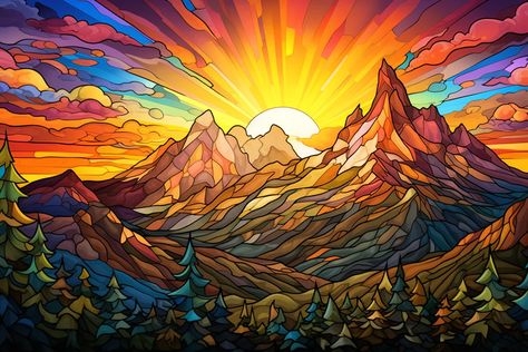 Mountain Sunrise Stained Glass Officially Licensed Diamond Painting Kit. Relax, unwind, and create Diamond Art! Up to 75% Off plus Free Shipping over $75+. Free 2-5 Day Shipping available. Over 10,000 5-Star Reviews. Choose From 3,000+ incredible Diamond Painting designs. Glass Painting Landscape, Stained Glass Pictures, Mountain Stained Glass Patterns, Stained Glass Desert, Stained Glass Landscape, Mountains Illustration, Stained Glass Painting, Mountain Artwork, Dream Catcher Art